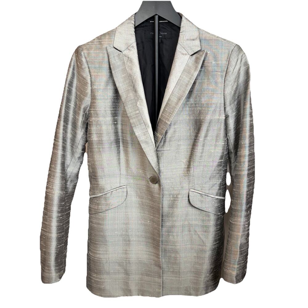 Rag & Bone Size 2 Silver Gray 100% Silk Dupioni Blazer Metallic Party Workwear